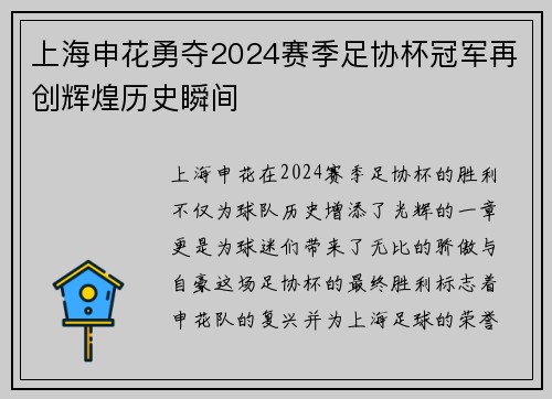 上海申花勇夺2024赛季足协杯冠军再创辉煌历史瞬间